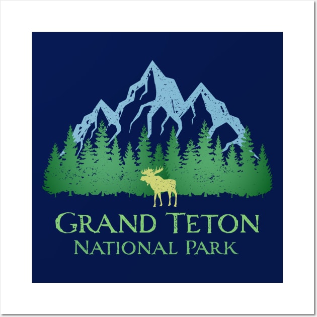 Grand Teton National Park Distressed Mountain Trees Moose Souvenir Wall Art by Pine Hill Goods